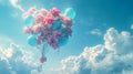 Bunch of party balloons and flowers flying in the sky on a bright day Royalty Free Stock Photo