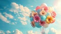 Bunch of party balloons and flowers flying in the sky on a bright day Royalty Free Stock Photo