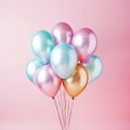 Bunch of pastel colored party balloons isolated on pink background, generative ai