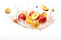 A bunch of peaches are falling into the water. Digital image. Splash on white background Royalty Free Stock Photo