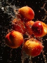 A bunch of peaches falling into the water with splashes Royalty Free Stock Photo