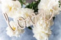 Bunch of peonies in the vase and vintage letters LOVE Royalty Free Stock Photo