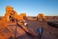 Bunch of people waiting for the bucket photo at the Delicate Arch, Utah, United States of America, crazy tourism, reality, Royalty Free Stock Photo