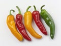 A bunch of peppers are displayed in a row, with some being green, some red Royalty Free Stock Photo