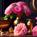 Bunch of pink flowers sitting on top of a table, a digital rendering