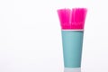 Bunch of pink plastic straws in blue biodegradable paper cup copy space Royalty Free Stock Photo