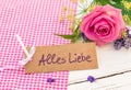 Greeting card with german text, Alles Liebe, means love and pink rose for Valentines or Mothers Day