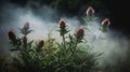 a bunch of plants with smoke coming out of it\'s tops in a field with grass in the foreground and fog in the background