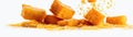 A Bunch Of Polenta Flying In The Airon White Background Wde Panoramic. Generative AI Royalty Free Stock Photo