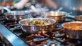 A bunch of pots and pans on a stove top with food in them, AI