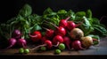 a bunch of radishes, spinach, and other vegetables on a wooden table with a black background and a dark background behind