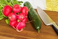 Bunch of radishes with tops, a green cucumber and a professional chef kitchen knife on a brown cutting board. Concept of healthy Royalty Free Stock Photo