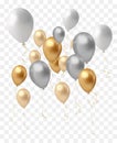 bunch of realistic transparent, golden ballons and gold ribbons, serpentine, confetti. Vector illustration for card, party, design