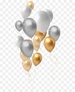 bunch of realistic transparent, golden ballons and gold ribbons, serpentine, confetti. Vector illustration for card, party, design