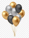 bunch of realistic transparent, golden, silver, black ballons, ribbons, serpentine, confetti. Vector illustration Royalty Free Stock Photo