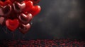 A bunch of red balloons with hearts on them are flying in the air, AI Royalty Free Stock Photo