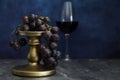 Bunch of red grapes and defocused red wine glass