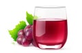 Bunch of red grapes and a glass of grape juice isolated on white
