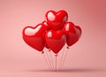 This is a of a bunch of red heart-shaped balloons on a pink background. The balloons are glossy and shiny. Valentine