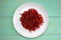 A bunch of red pomegranate seeds lie on a white plate