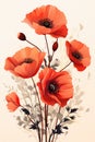 A bunch of red poppies sitting on top of a table. Generative AI image.