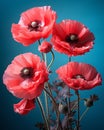 a bunch of red poppies in a vase against a blue background