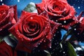 a bunch of red roses against blue background