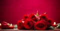 Bunch of red roses sitting on top of wooden table next to red wall. Generative AI Royalty Free Stock Photo