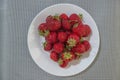 A bunch of red strawberries lying on top of each other in a white ceramic plate that stands on a grayish-silver wicker tablecloth Royalty Free Stock Photo