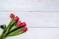 Bunch of red tulips on blue wooden table. Banner mockup card with copy space for congratulation, woman or mother day, easter, spri