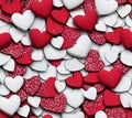 A bunch of red and white hearts scattered on a white surface Royalty Free Stock Photo