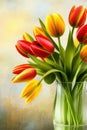 Bunch of red and yellow tulip flowers in a glass vase against colored plaster Royalty Free Stock Photo