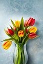 Bunch of red and yellow tulip flowers in a glass vase against colored plaster Royalty Free Stock Photo