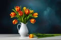 Bunch of red and yellow tulip flowers in a glass vintage vase against dark Royalty Free Stock Photo