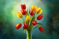 Bunch of red and yellow tulip flowers in a glass vintage vase against dark Royalty Free Stock Photo