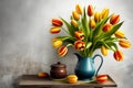 Bunch red and yellow tulip flowers in glass vintage vase on rustic wooden table Royalty Free Stock Photo