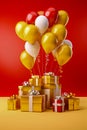 Bunch of red, yellow and white balloons and presents on yellow background with red wall