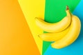 Bunch of ripe bananas on rainbow multicolored pinwheel striped background. Creative trendy flat lay. Healthy food clean eating