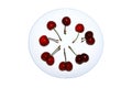 A bunch of ripe cherries on a white plate. Fresh red berries contrast with the Royalty Free Stock Photo