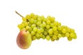 Bunch of ripe green grapes and a juicy pear isolated on white background Royalty Free Stock Photo
