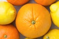 Bunch of Ripe Juicy Whole Citrus Fruits Oranges Tangerines Lemons on White Stone Marble Table. Vitamins Healthy Diet Summer Detox