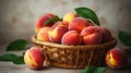 Bunch of ripe organic peaches in a wicker bowl, white wooden table background. Local produce fruits in a basket. Clean eating Royalty Free Stock Photo