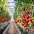 Bunch of ripe tomatoes growing in a greenhouse.