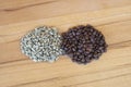 Bunch of roasted and unroasted grains of coffee