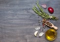 Bunch of rosemary, condiment and olive oil on the wooden backgro Royalty Free Stock Photo