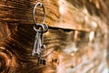 Bunch of rusty keys hanging on wooden wall Royalty Free Stock Photo