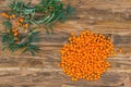 Bunch of sea buckthorn berries and branch on brown wooden background from above