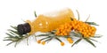 Bunch sea buckthorn puree and bottle her berries on white.