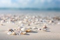 a bunch of seashells on a beach with a blue sky in the background of the picture and the ocean in the background Royalty Free Stock Photo