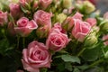 Bunch of small pink and yellow small roses on brick background Royalty Free Stock Photo